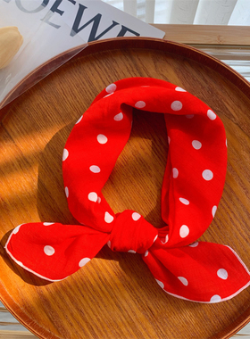 红色波点小丝巾女春秋季韩版薄款棉麻小方巾装饰小领巾围巾发带潮