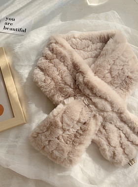 敲软糯韩国新款仿獭兔毛毛绒围巾女冬季百搭加厚保暖交叉毛领围脖