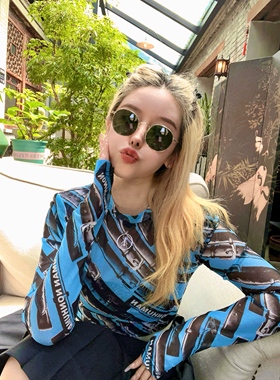 设计师nonhuman蚂蚁25秋冬湖蓝皮带印花显瘦弹力网纱皮肤衣打底衫