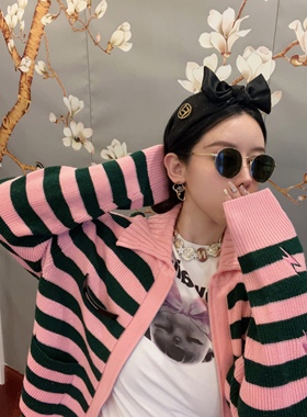 设计师nonhuman蚂蚁粉绿条纹复古拉链翻领宽松休闲毛衣裤套装