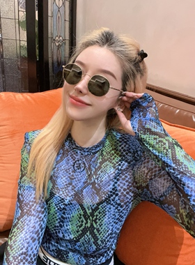 设计师NONHUMAN25秋冬新品王冠蓝蛇纹印花弹力打底衫洋气皮肤衣