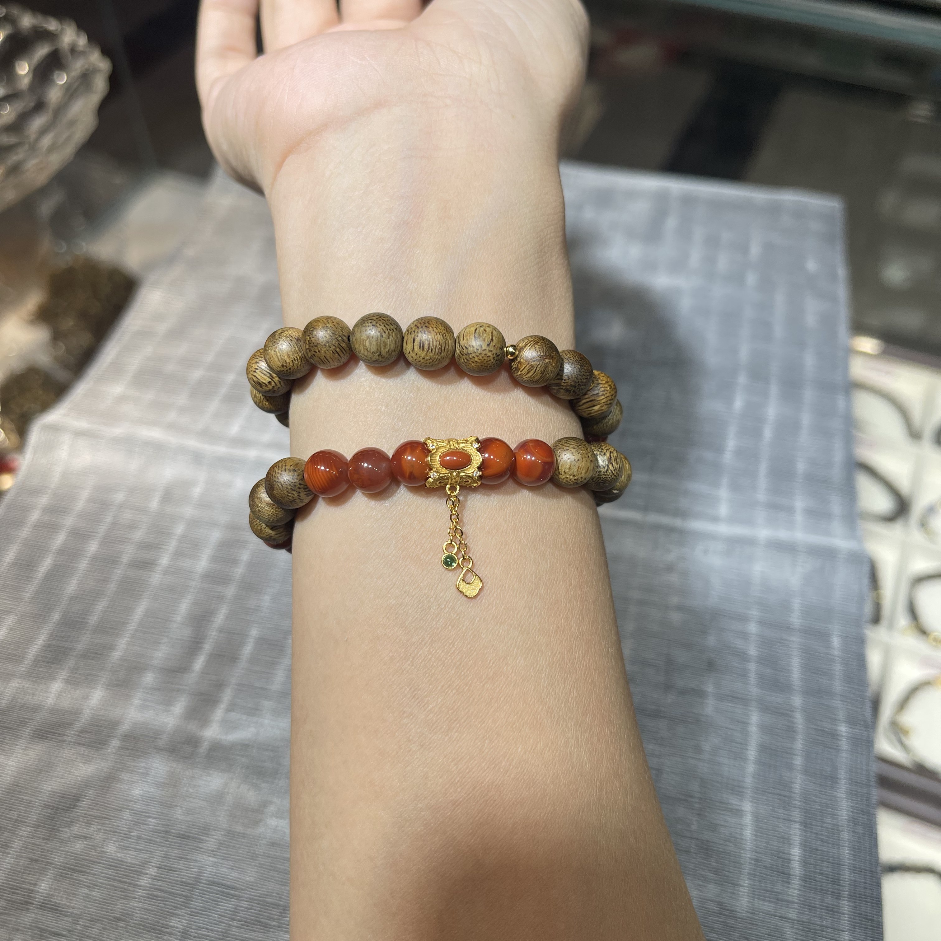 沉香佛珠手串双圈玛瑙文玩念珠