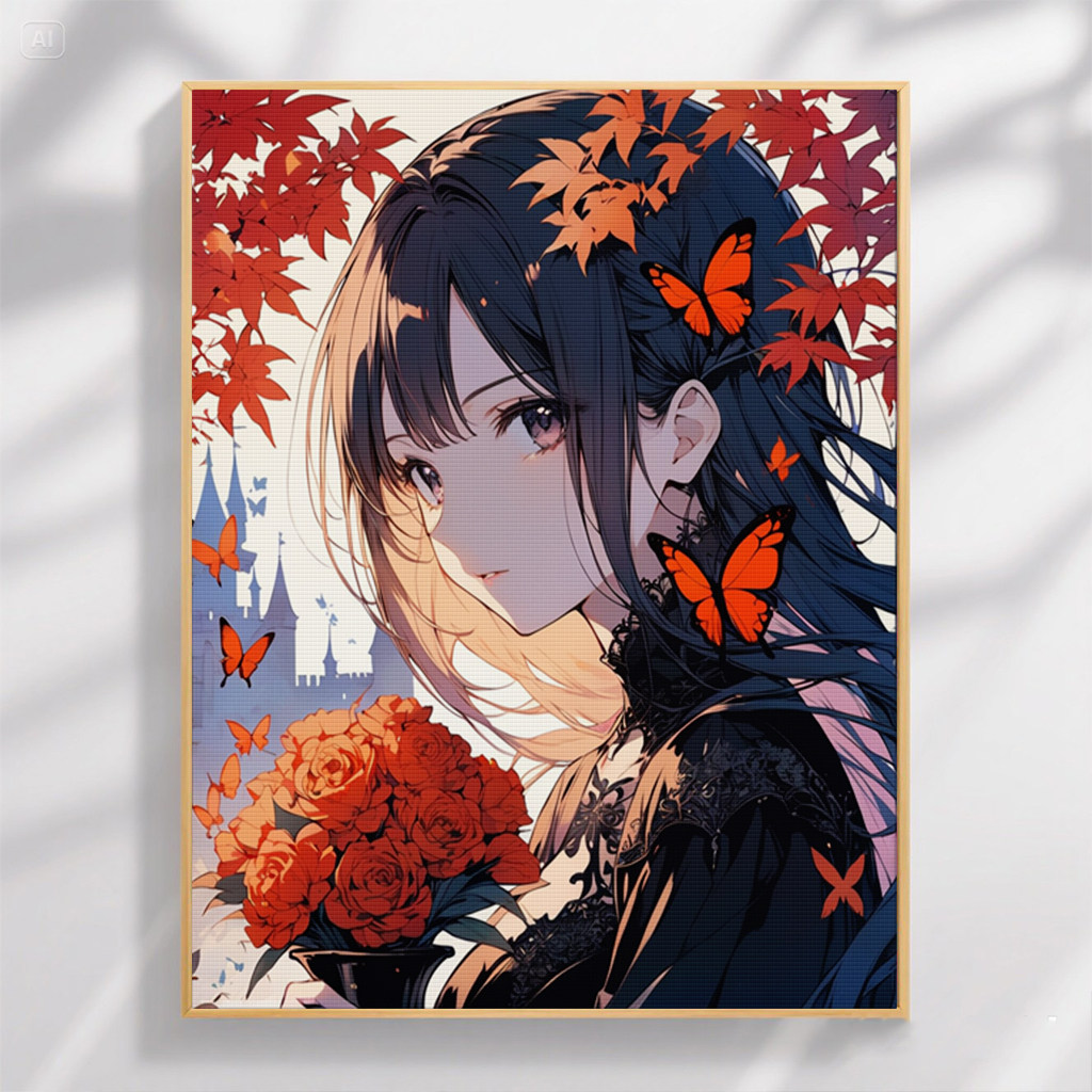 红枫蝴蝶少女新款十字绣线绣手工自己绣客厅卧室钻石画简单小幅绣