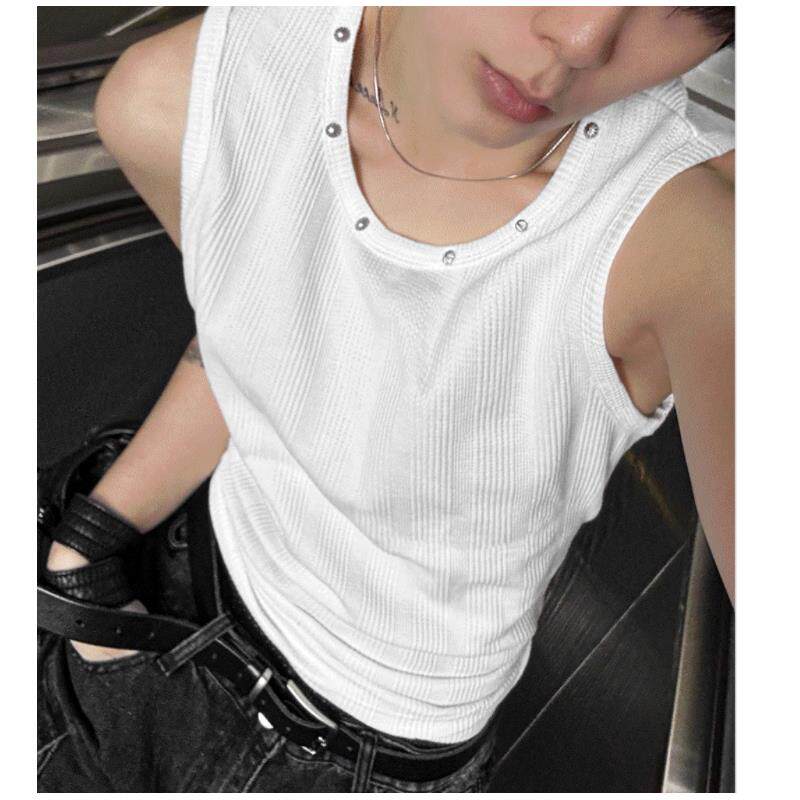 小北韩国代购男装东大门背心无袖T恤齐肩宽松铆钉圆领个性小众