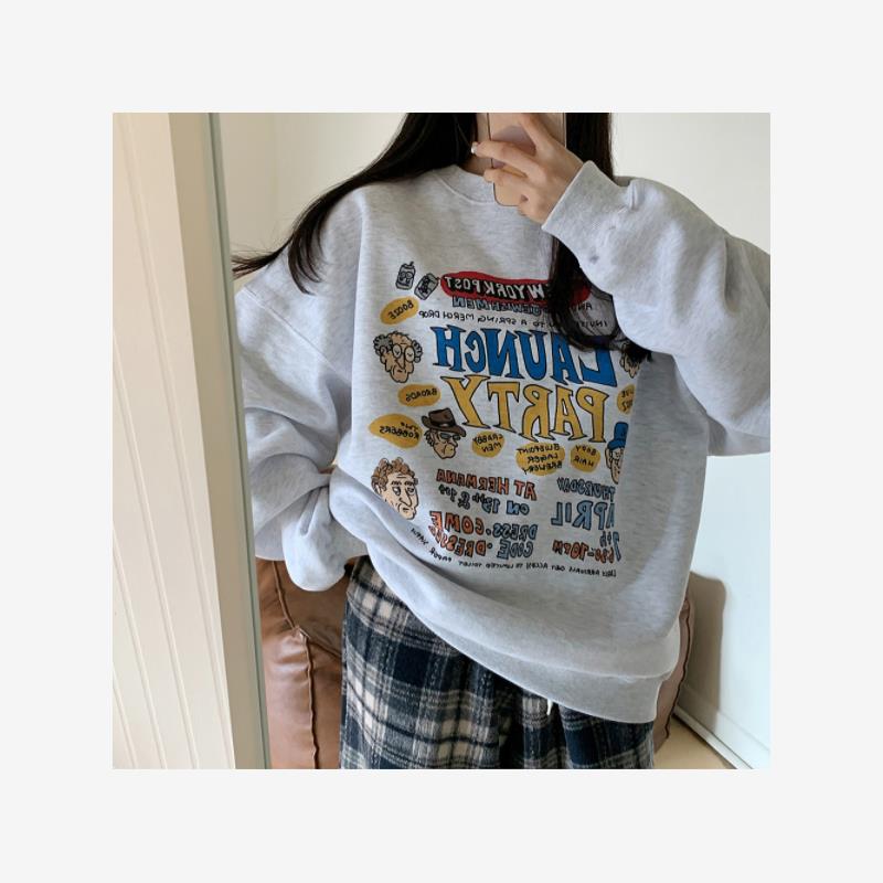 小北韩国代购男装东大门加绒卫衣减龄字母卡通印花宽松潮牌套头衫