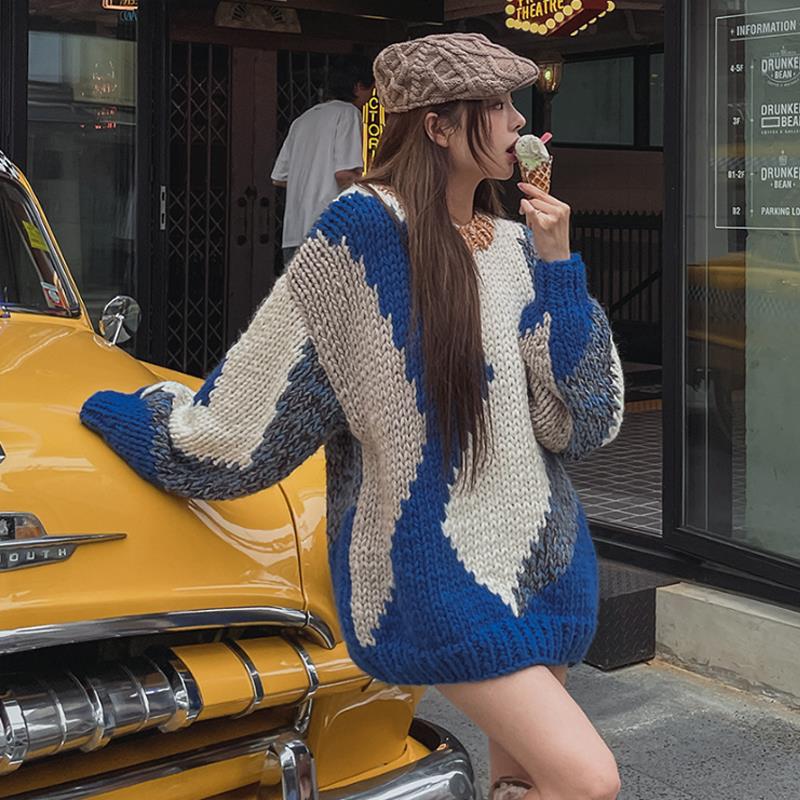 小北韩国男装代购东大门慵懒宽松圆领撞色几何图案粗棒羊毛针织衫