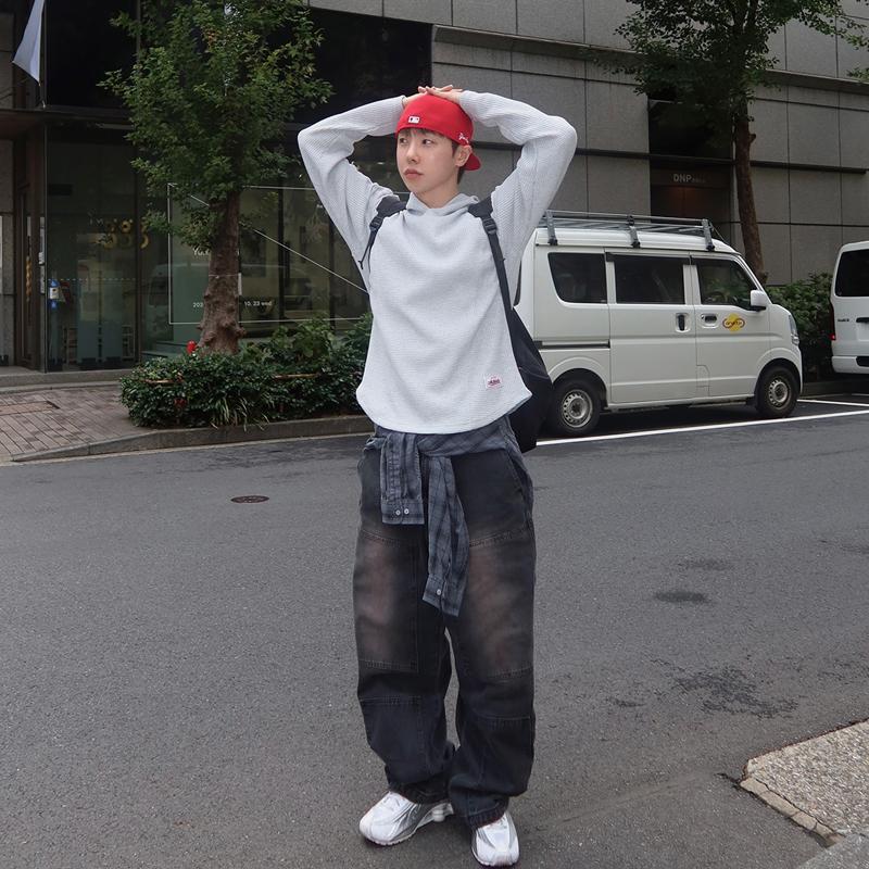 韩国男装代购东大门牛仔裤复古拼接贴布口袋做旧重工水洗设计磨白