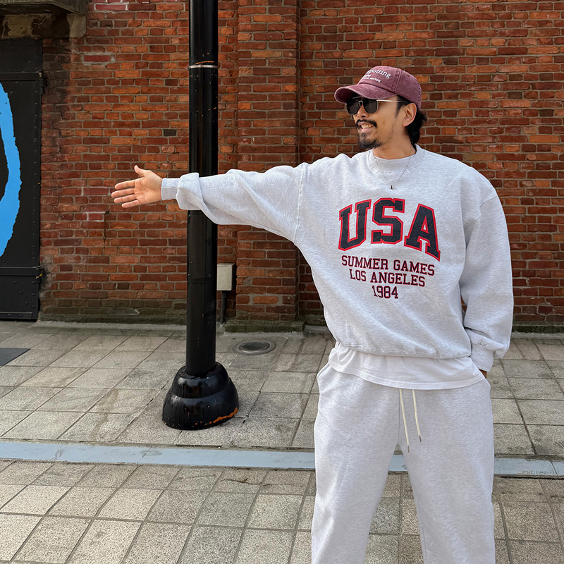 小北韩国代购男装东大门加绒卫衣圆领USA字母印花宽松收腰套头衫