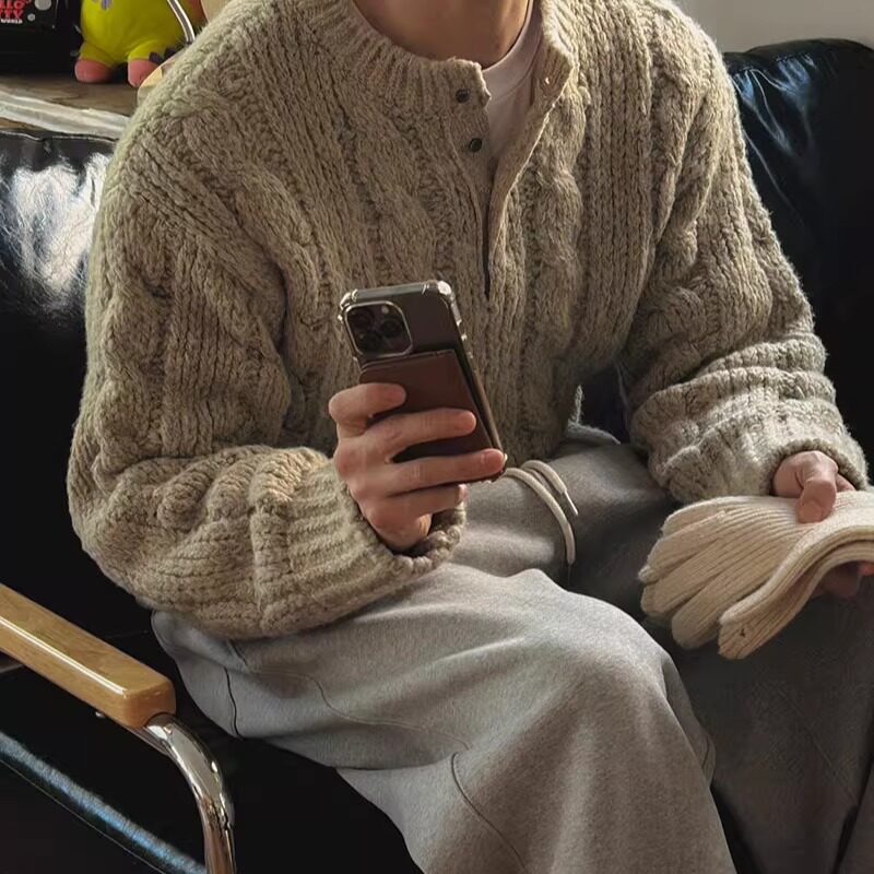 小北韩国代购男东大门东大门针织衫亨利领粗棒针慵懒风立体麻花纹