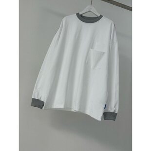小北韩国代购 东大门PURE小蓝标配色领超宽松os长袖 T恤春装 男装