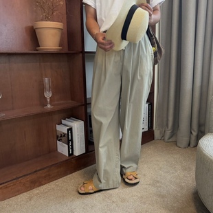 韩国男装 代购 绑带半松紧腰慵懒双掐褶薄款 港风雅痞阔腿直筒休闲裤