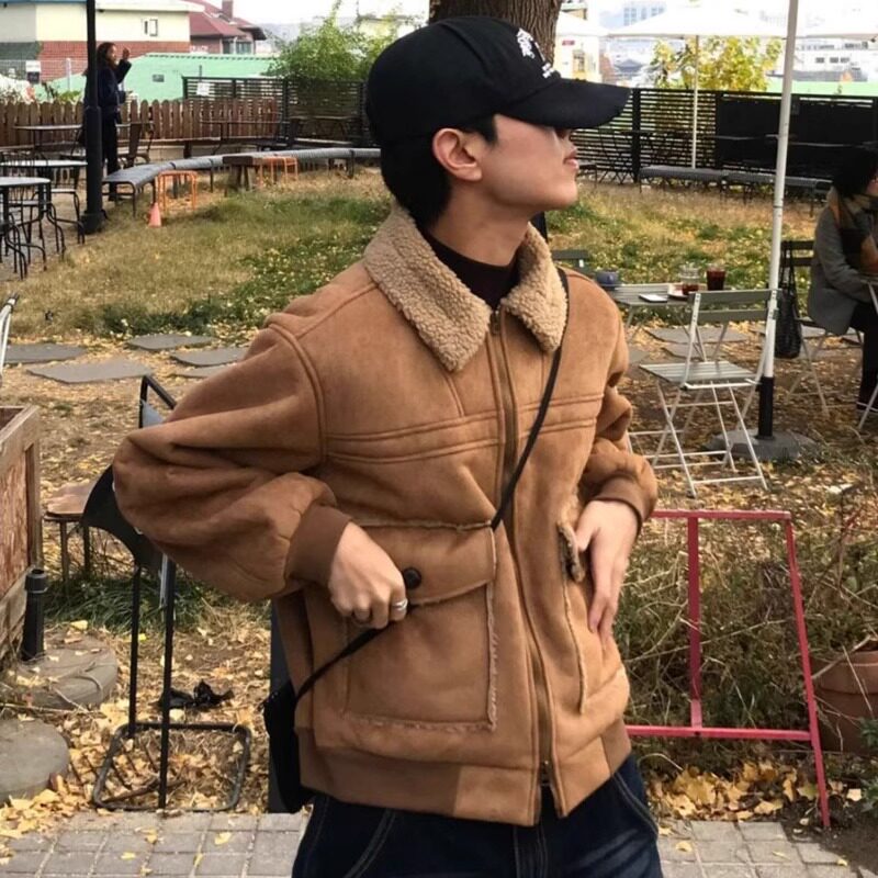 小北韩国代购男装东大门夹克翻毛领翻盖口袋轻熟风羊羔绒皮毛一体