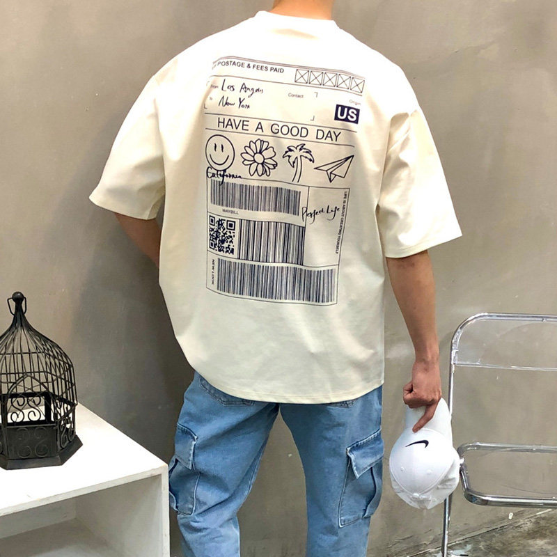 韩国男装东大门代购短袖T恤可爱笑脸条形码潮流印花图案半袖宽松