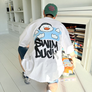 东大门卡通游泳鸭子图案印花泡澡学院短袖 T恤夏 男装 小北韩国代购