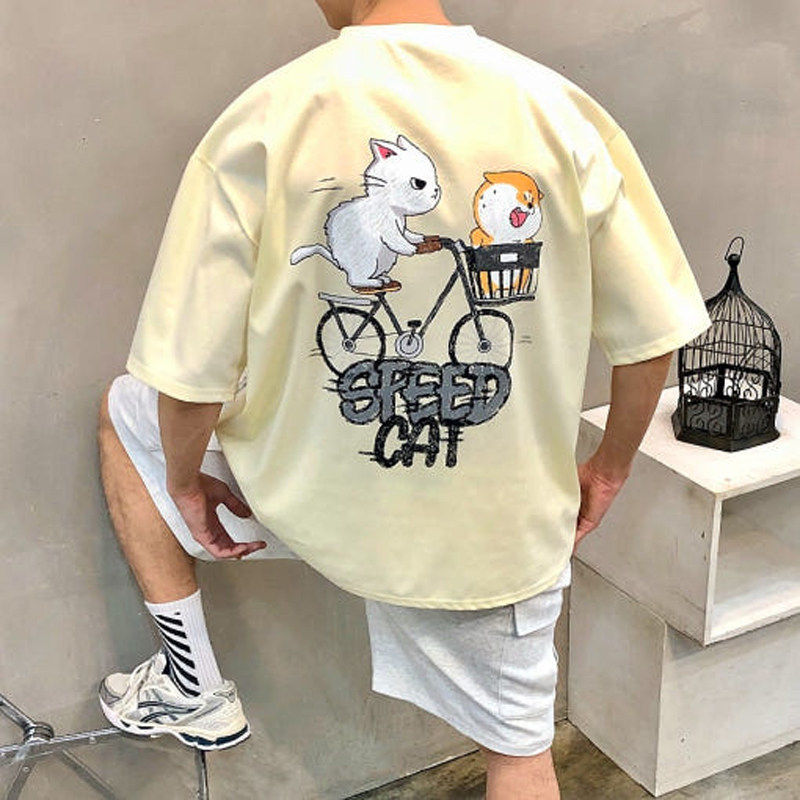 小北韩国代购男装东大门短袖T恤可爱猫咪自行车印花宽松个性情侣