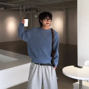 宽松纯色os毛衣男士 小北韩国代购 男装 东大门罗纹圆领时尚 针织衫