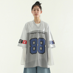 韩国东大门代购男装短袖T恤88 mesh jersey tee (unisex)V领拼