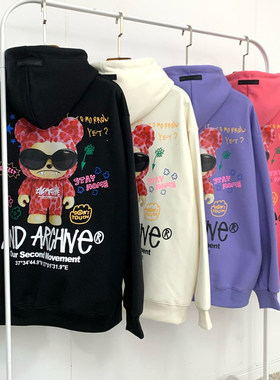 小北韩国代购男装2ND可爱墨镜小熊印花连帽卫衣男士春装套头衫