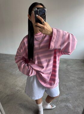 小北韩国代购男装东大门votus混色横条纹宽松米奇家春夏长袖T恤