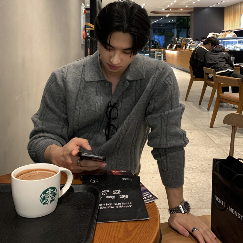 小北韩国代购男装东大门针织开衫轻熟风立体麻花纹理系扣纯色毛衣