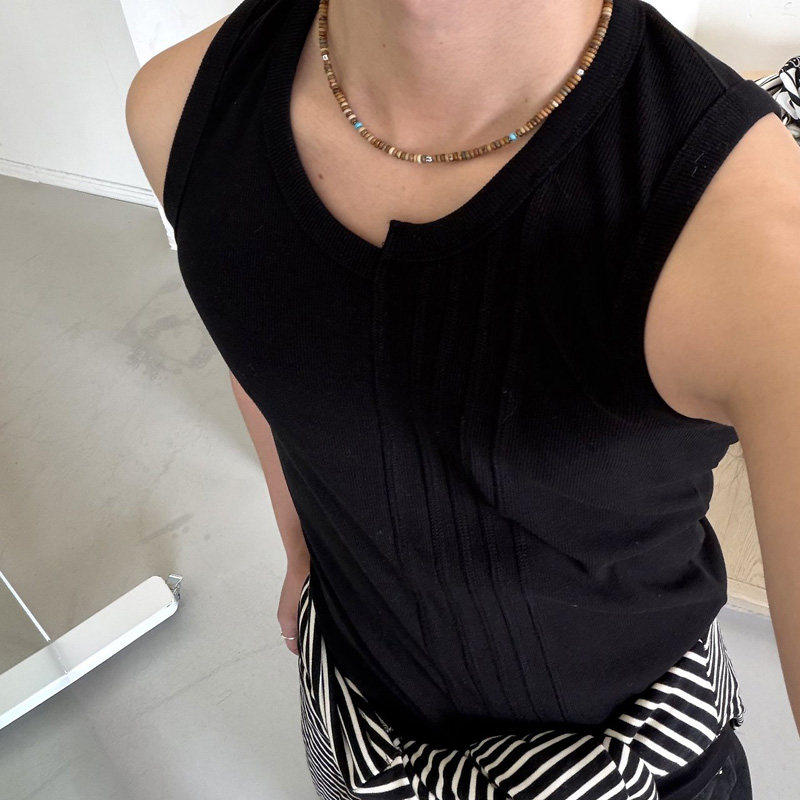 小北韩国代购男装东大门背心无袖T恤圆领错位拼接设计修身个性ins