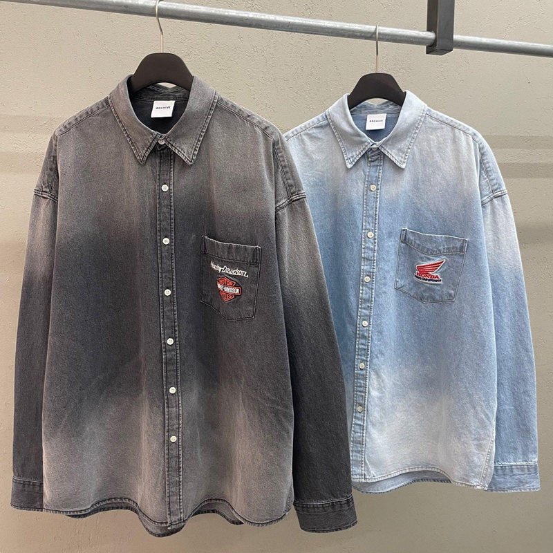 小北韩国代购男装东大门翻领扎染重工水洗渐变色口袋牛仔长袖衬衫