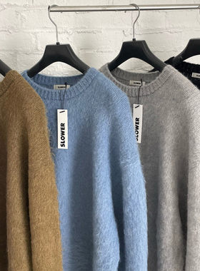 韩国东大门男装代购针织衫SLOWER毛衣马海毛纯色毛绒感圆领简约