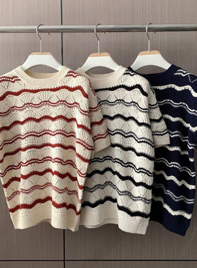 小北韩国代购男装东大门短袖T恤SIGNIGT针织波浪撞色重工轻奢高级