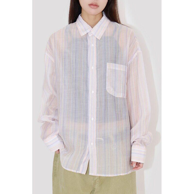 小北韩国代购男装东大门长袖衬衫轻薄半透防晒休闲衬衣夏季竖条纹