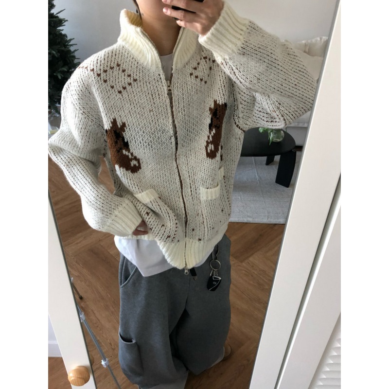 小北韩国代购男装东大门针织开衫立领收腰减龄马提花粗棒针毛衣