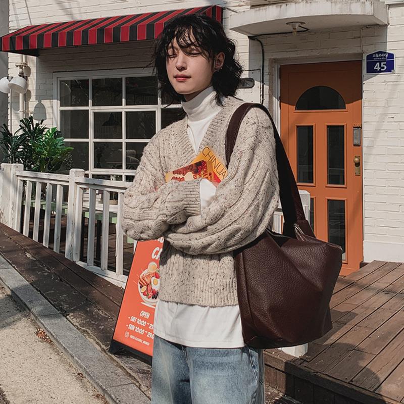 小北韩国男装代购东大门精工粗棒插肩V领慵懒麻花纹理羊毛针织衫