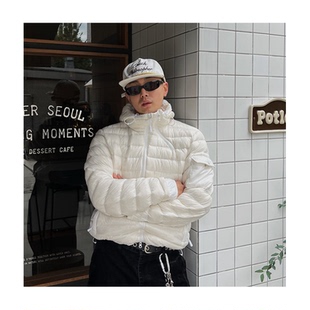 小北韩国代购男装东大门连帽羽绒服可收腰侧开拉链拉排骨纹外套