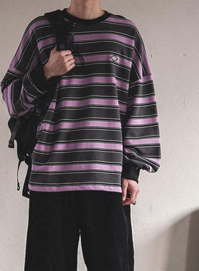 男装东大门卫衣撞色宽条纹毛