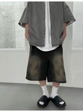 韩国男装代购东大门牛仔裤votus短裤松紧腰阔腿五分脏染设计直筒