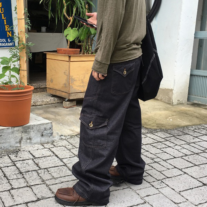 小北韩国代购男装东大门牛仔裤拼接明线翻盖口袋设计直筒阔腿长裤