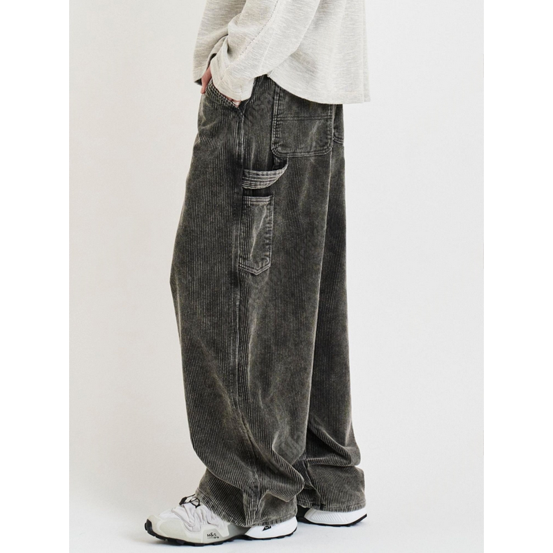 小北韩国代购男装东大门灯芯绒休闲裤复古潮搭坑条纹直筒宽松长裤