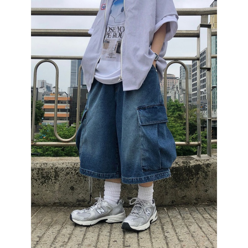韩国男装代购东大门牛仔短裤磨白五分松紧腰工装口袋设计重工水洗