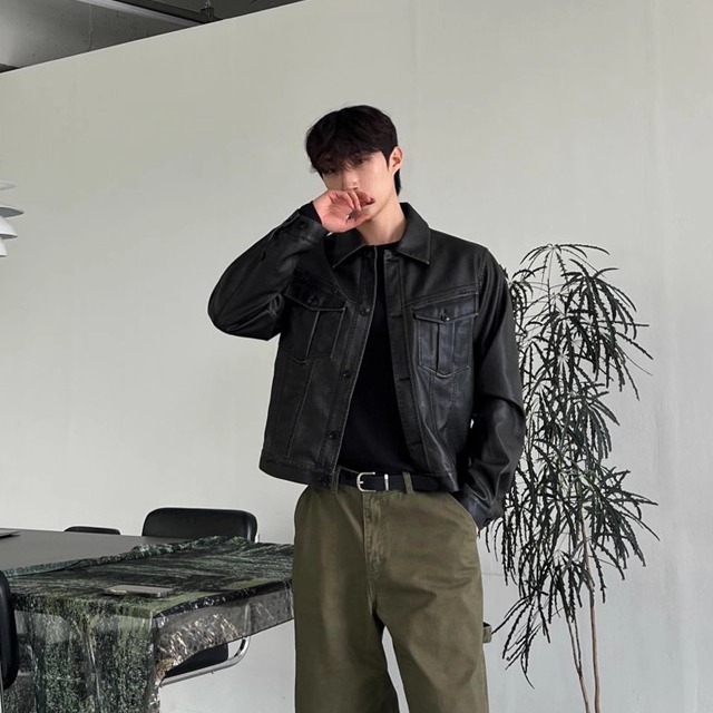 小北韩国代购男装东大门皮夹克翻领拼接百搭翻盖口袋设计PU皮外套