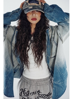 韩国男装代购东大门长袖衬衫连帽牛仔水洗磨白衬衣UNUSED LAB做旧