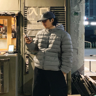 小北韩国代购男装东大门连帽羽绒服纯色绗线简约收腰百搭鸭绒外套