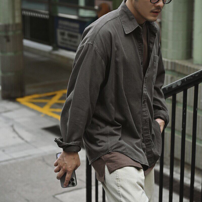 小北韩国代购大码男装东大门复古水洗色口袋工装长袖衬衫老钱风