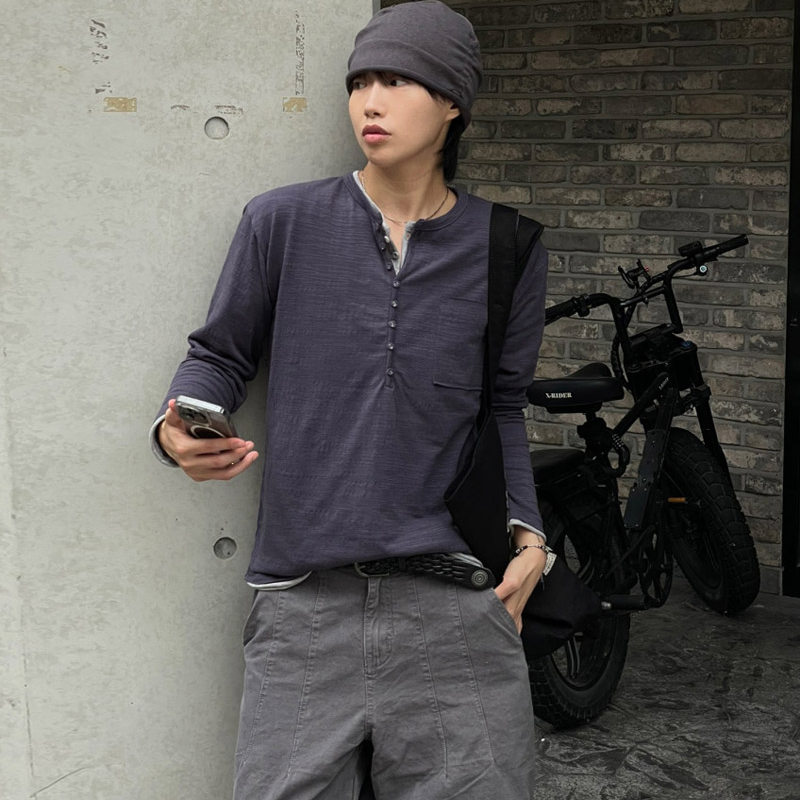 小北韩国代购男装东大门长袖T恤亨利领纯色套头纽扣单口袋日常ins