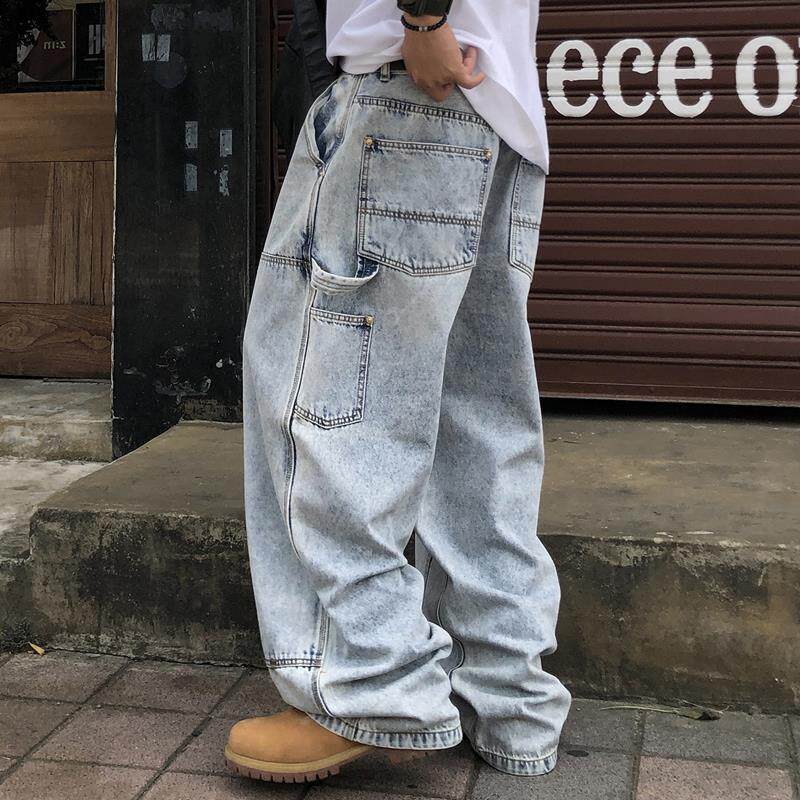 韩国男装东大门代购牛仔裤直筒拼接多口袋设计重工水洗色阔腿长裤