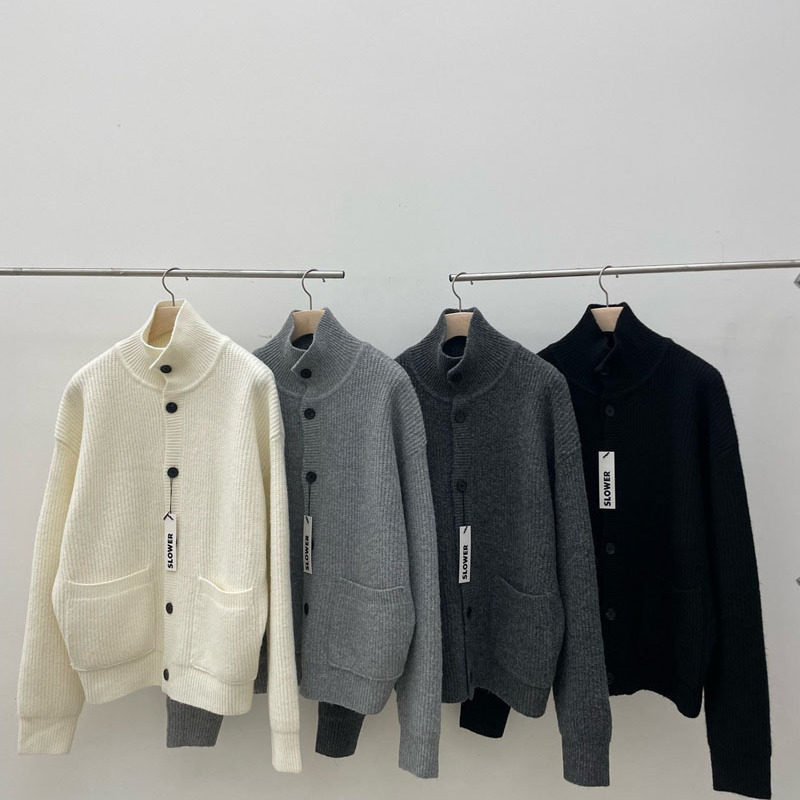 小北韩国代购男装东大门针织开衫高领纯色系扣双口袋百搭毛衣外套