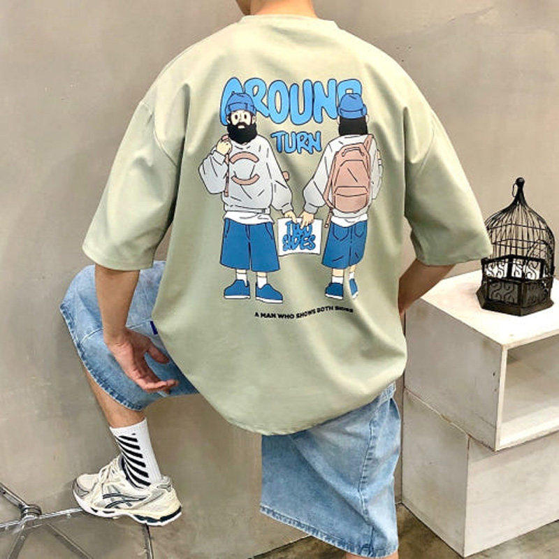 小北韩国代购男装东大门轻奢人物插画图案印花减龄学院短袖T恤夏