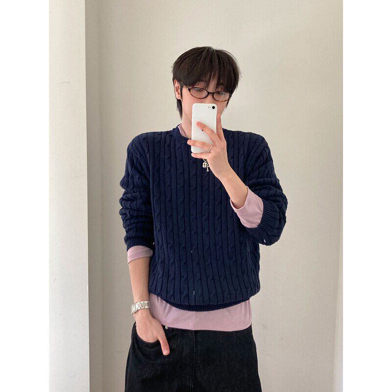 小北韩国代购男装东大门男立体麻花纹理宽松套头衫春装潮牌