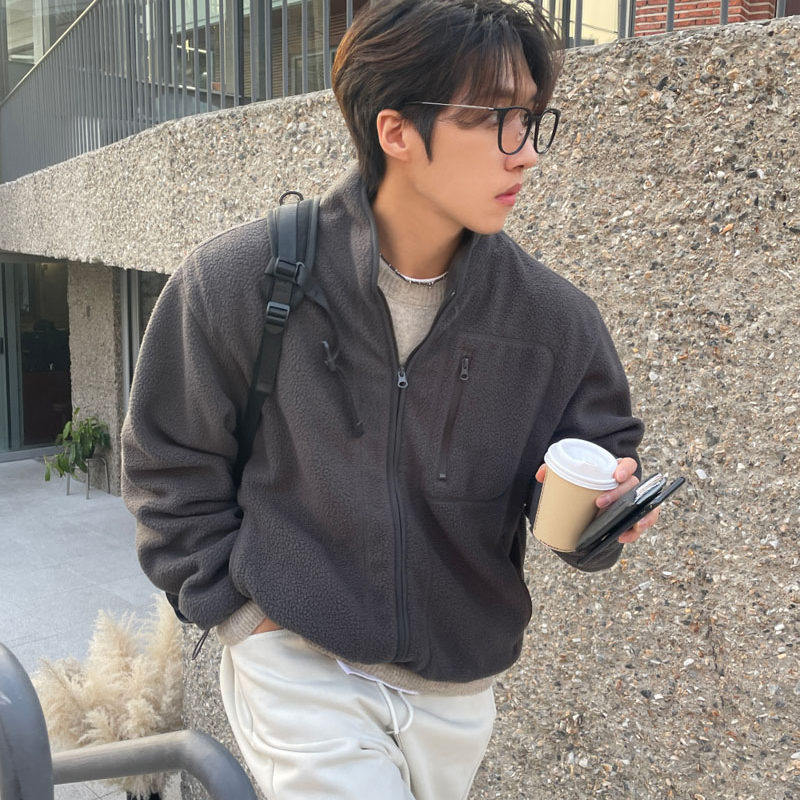 小北韩国代购男装东大门夹克摇粒绒保暖拉链口袋设计简约休闲外套