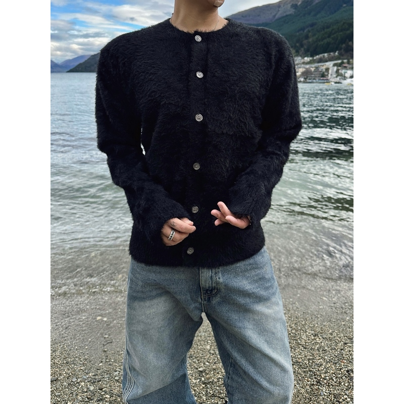 小北韩国代购男装东大门针织开衫圆领系扣安哥拉毛绒简约慵懒毛衣