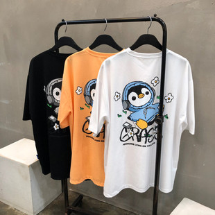 小北韩国男装代购东大门短袖T恤后背卡通漫画可爱企鹅情侣款减龄