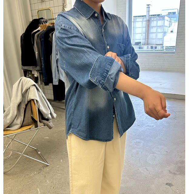 小北韩国代购男装东大门长袖衬衫牛仔水洗复古做旧宽松落肩情侣款